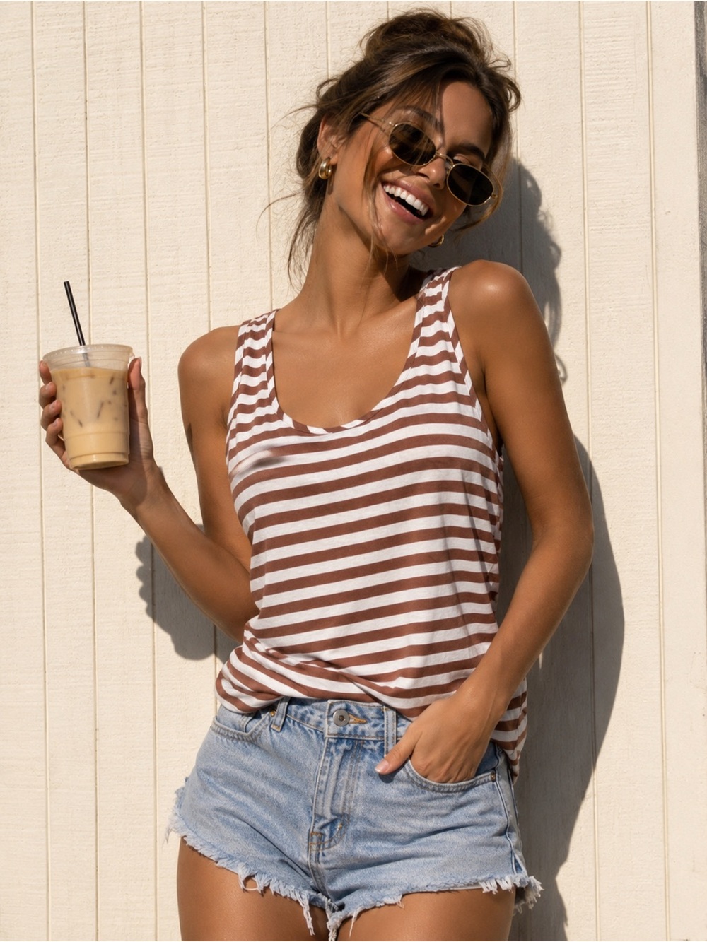 Brown & White Striped Tank Top | Casual Sleeveless Blouse